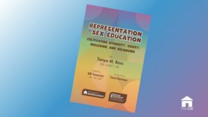 Image has a blue, purple, and white gradient background. In the center is the cover image for Representation in Sex Education